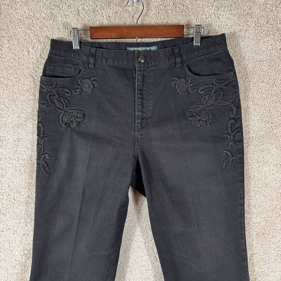 Lauren Ralph Lauren Floral Embroidred Black Jeans Womens 14P Straight Leg Denim - Picture 2 of 9
